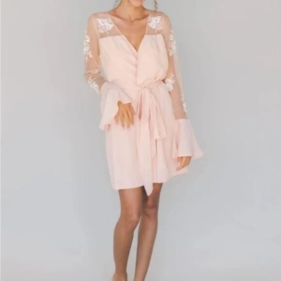 Robed with Love Hildy Robe Pink Floral Embroidered Sheer Illusion Bell Sleeves - Picture 2 of 14